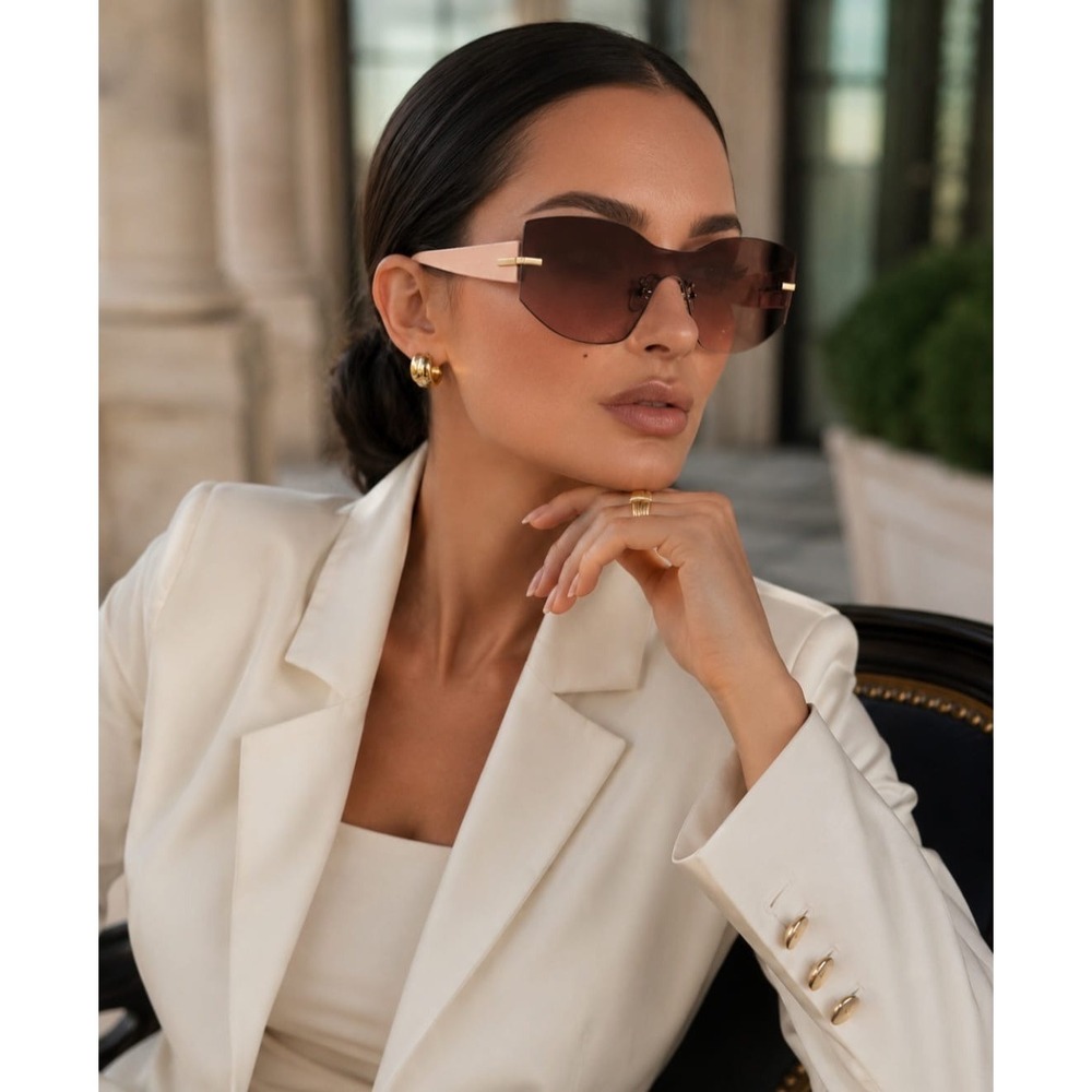 Oscar de la Renta Pink Rimless Shield Sunglasses Gold Rose Brown